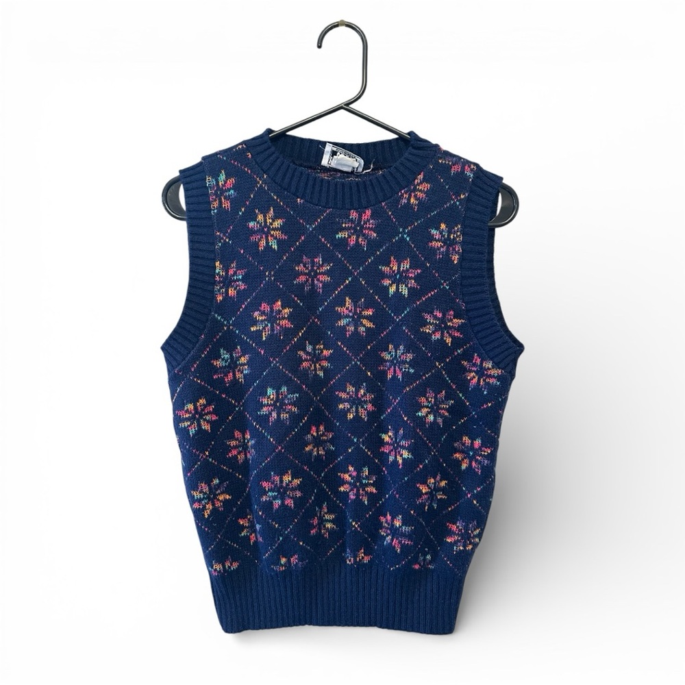 Vintage 90’s Keneth Too! Navy and Multicolor Patterned Knit Sweater Vest Small - Picture 1 of 6